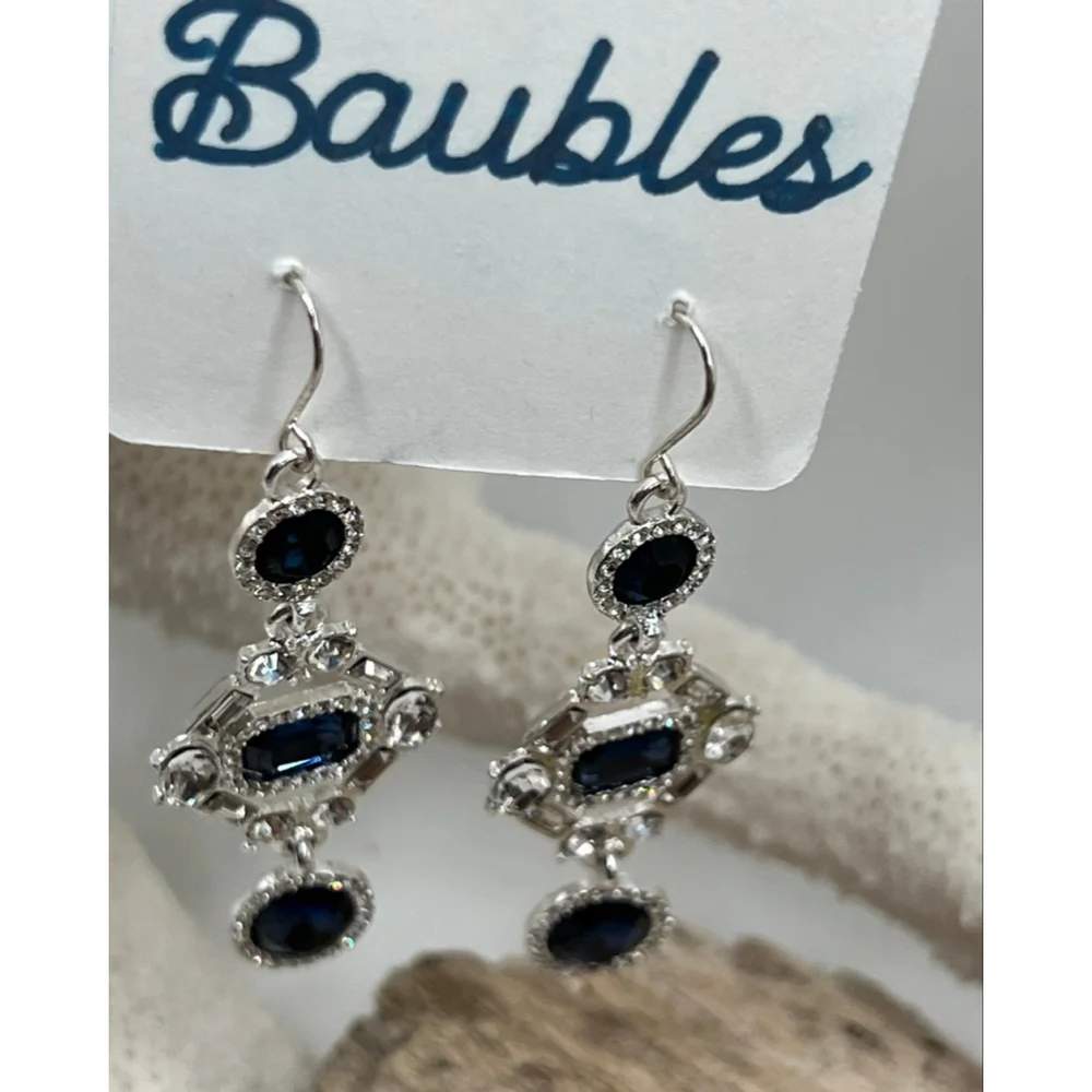 Baubles Silver with Blue and Clear Austrian Crystal Dangle Drop Earrings - Picture 2 of 5